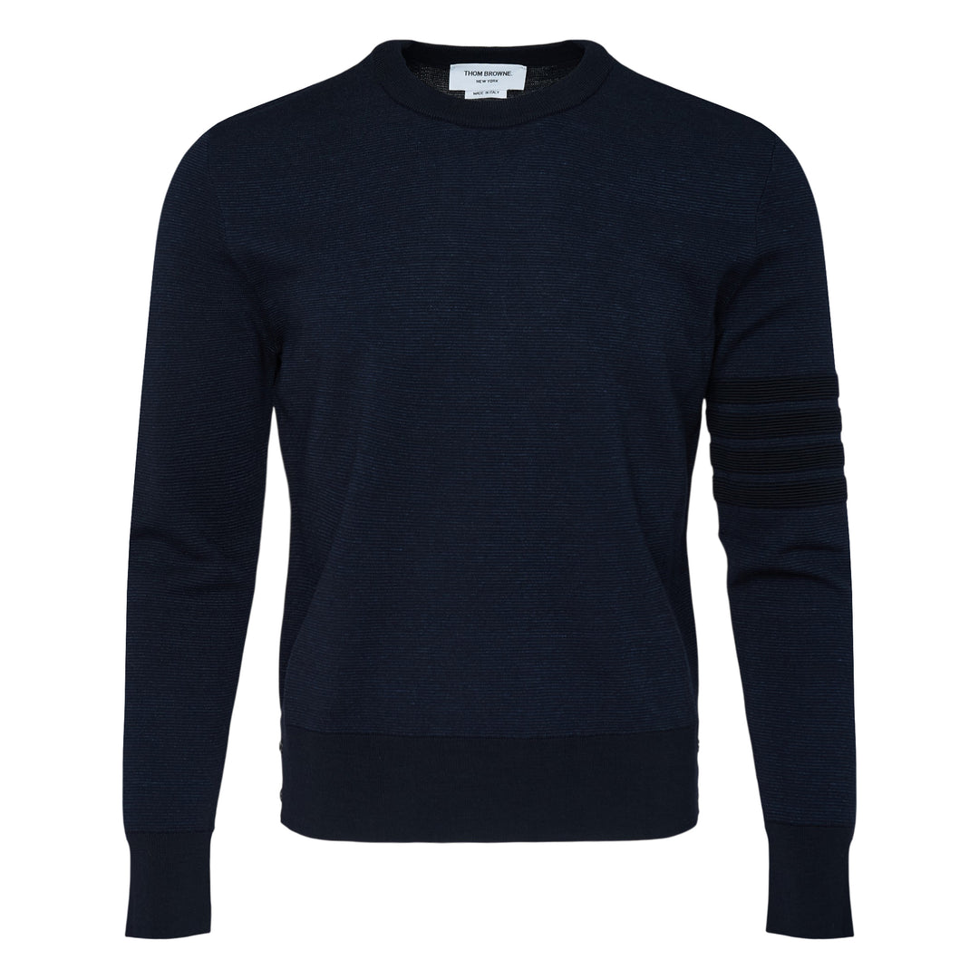 Thom Browne Milano Stitch Crew Neck Pullover in medium grey with tonal 4-bar stripe on the sleeve, ribbed cuffs and hem, front view