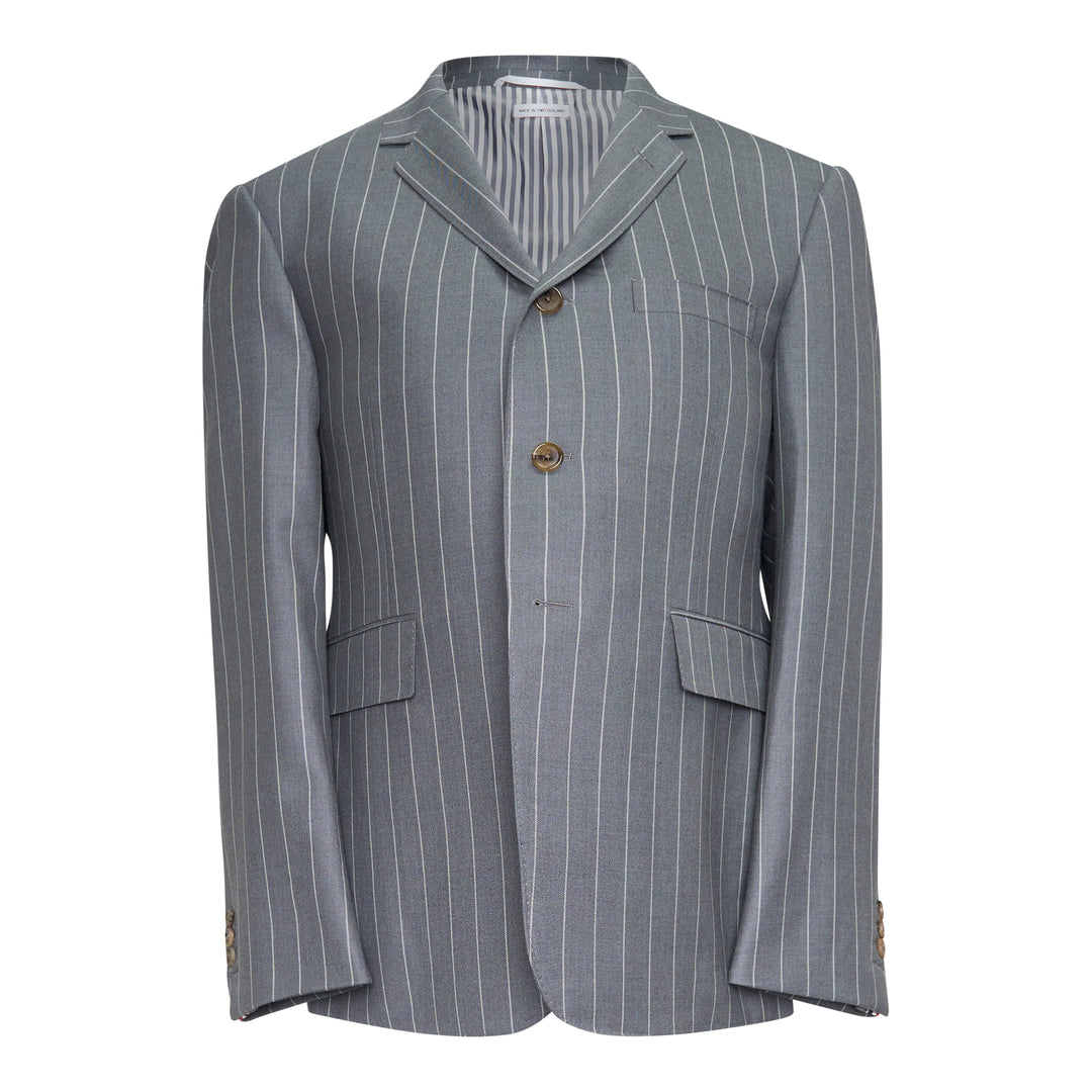 Thom Browne grey chalk pinstripe single-breasted blazer with notch lapels, three-button closure, and flap hip pockets