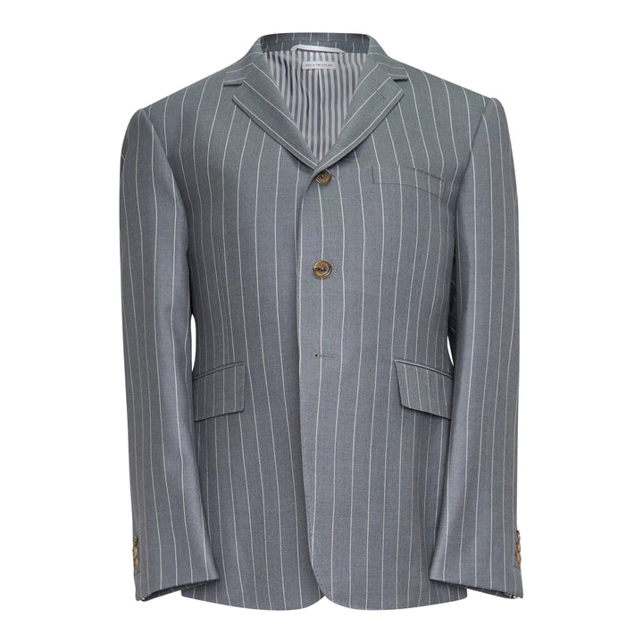 Thom Browne grey chalk pinstripe single-breasted blazer with notch lapels, three-button closure, and flap hip pockets