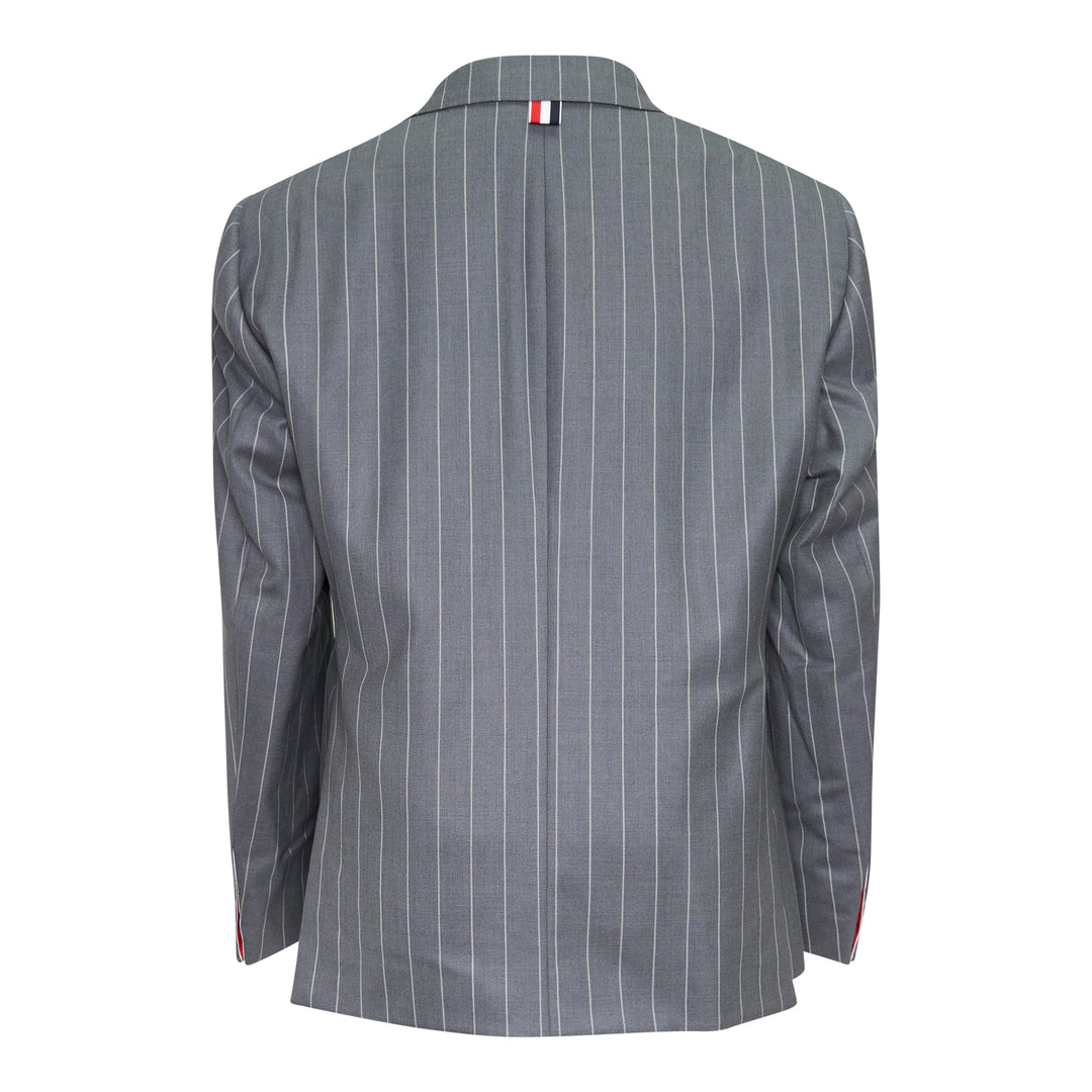Thom Browne grey chalk pinstripe single-breasted blazer with notch lapels, three-button closure, and flap hip pockets