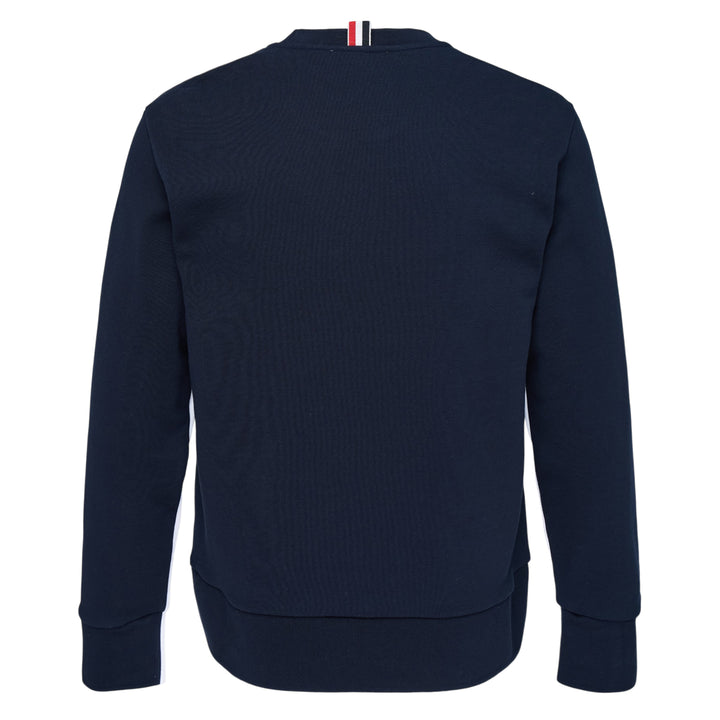 Thom Browne Colorblock Crewneck Pullover in white with navy contrast panels, signature 4-bar stripe on the sleeve, and red, white, and blue striped collar tape