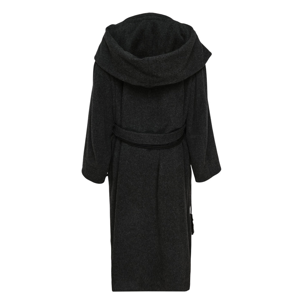 Yohji Yamamoto Regulation hooded duffle coat in dark charcoal wool with oversized shawl hood, toggle closure, and self-fabric tie belt with tasselled ends