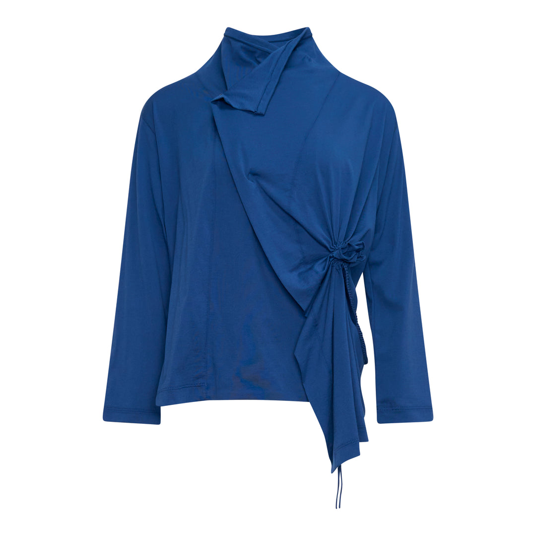 Y's cobalt blue long-sleeve cardigan with asymmetric draped overlay panel and ruched drawstring cinch detail at the side, shown on a flat lay against a white background