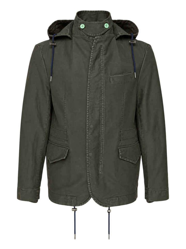 sacai olive green sueded cotton hooded jacket with navy drawcords, mint green collar buttons and flap pockets