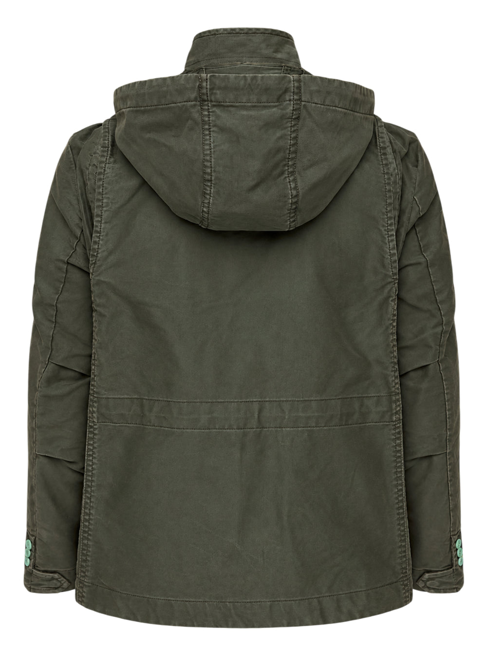 sacai olive green sueded cotton hooded jacket with navy drawcords, mint green collar buttons and flap pockets - view 2