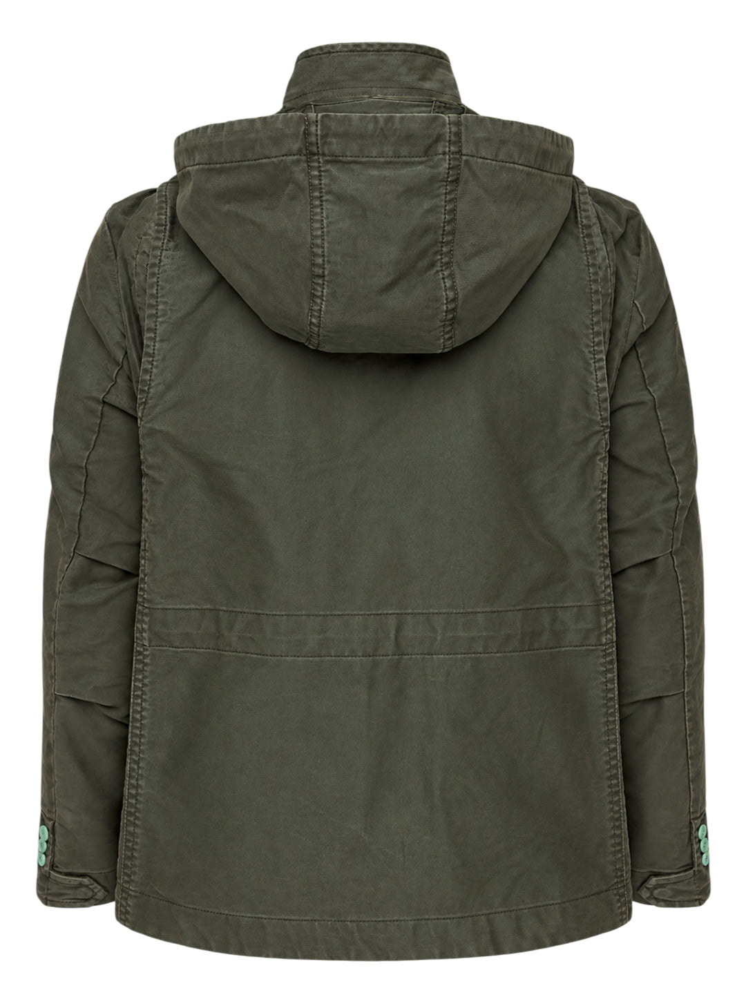 sacai olive green sueded cotton hooded jacket with navy drawcords, mint green collar buttons and flap pockets - view 2