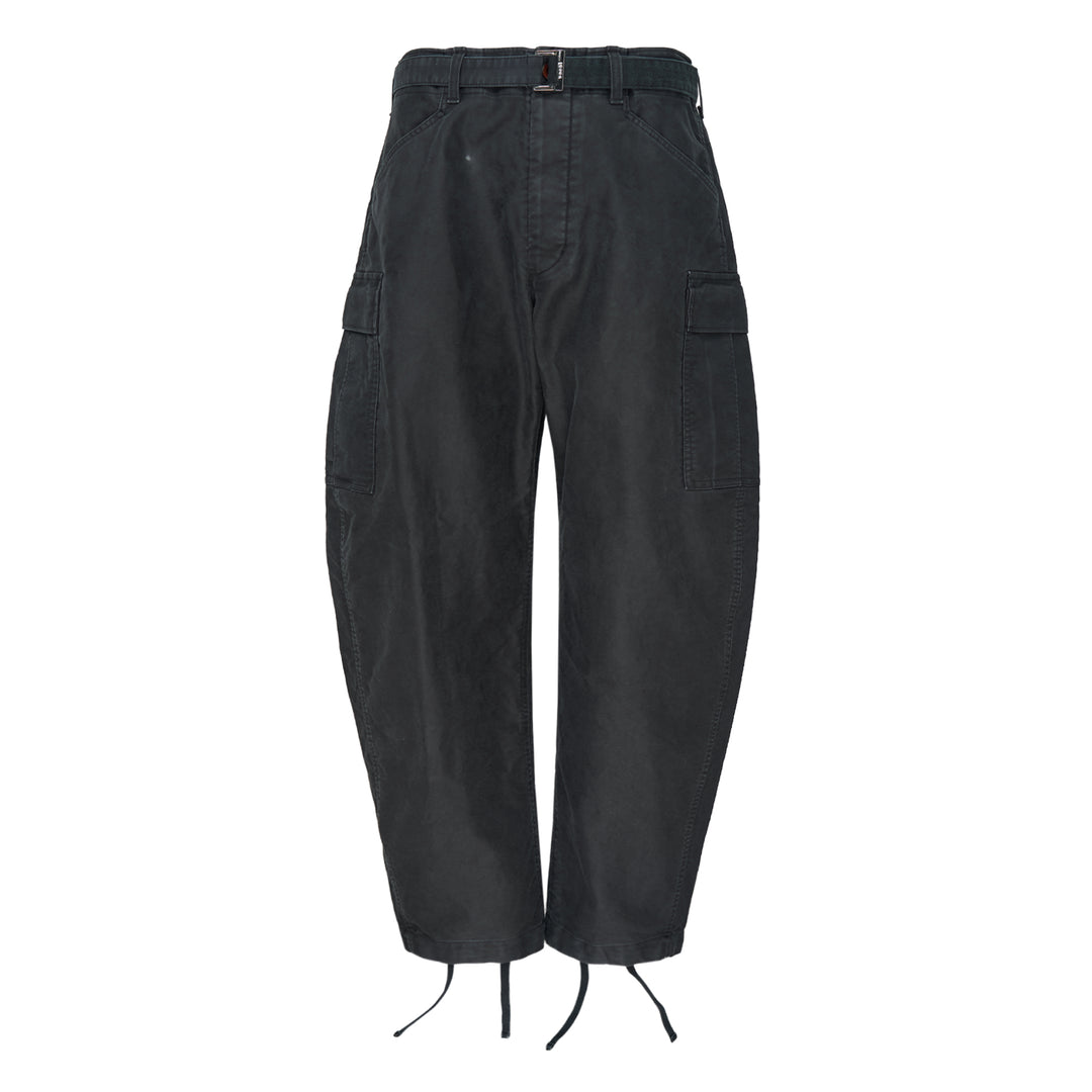 sacai Sueded Cotton Cargo Pants in washed black, featuring a balloon-leg silhouette, belted high waist, flap cargo pockets, and adjustable drawstring hems, photographed flat on a white background