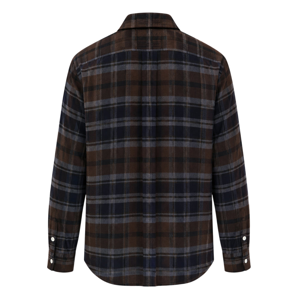 sacai plaid flannel long sleeve shirt in brown, navy, and grey check with deconstructed layered collar, dual chest pockets, and mother-of-pearl buttons, displayed flat on white background - view 2