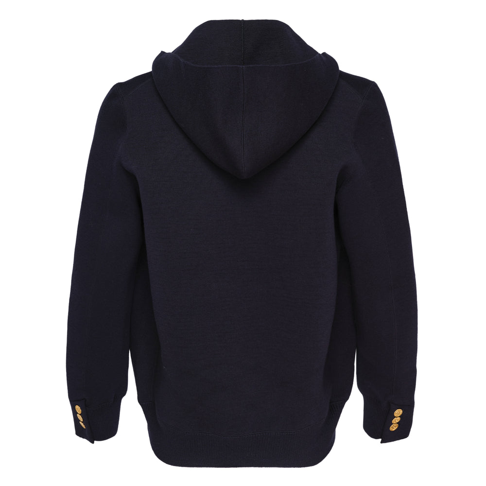 sacai Cotton Cashmere Knit Jacket in navy, featuring a hooded layered lapel collar, gold-tone buttons, and flap patch pockets, displayed flat on a white background
