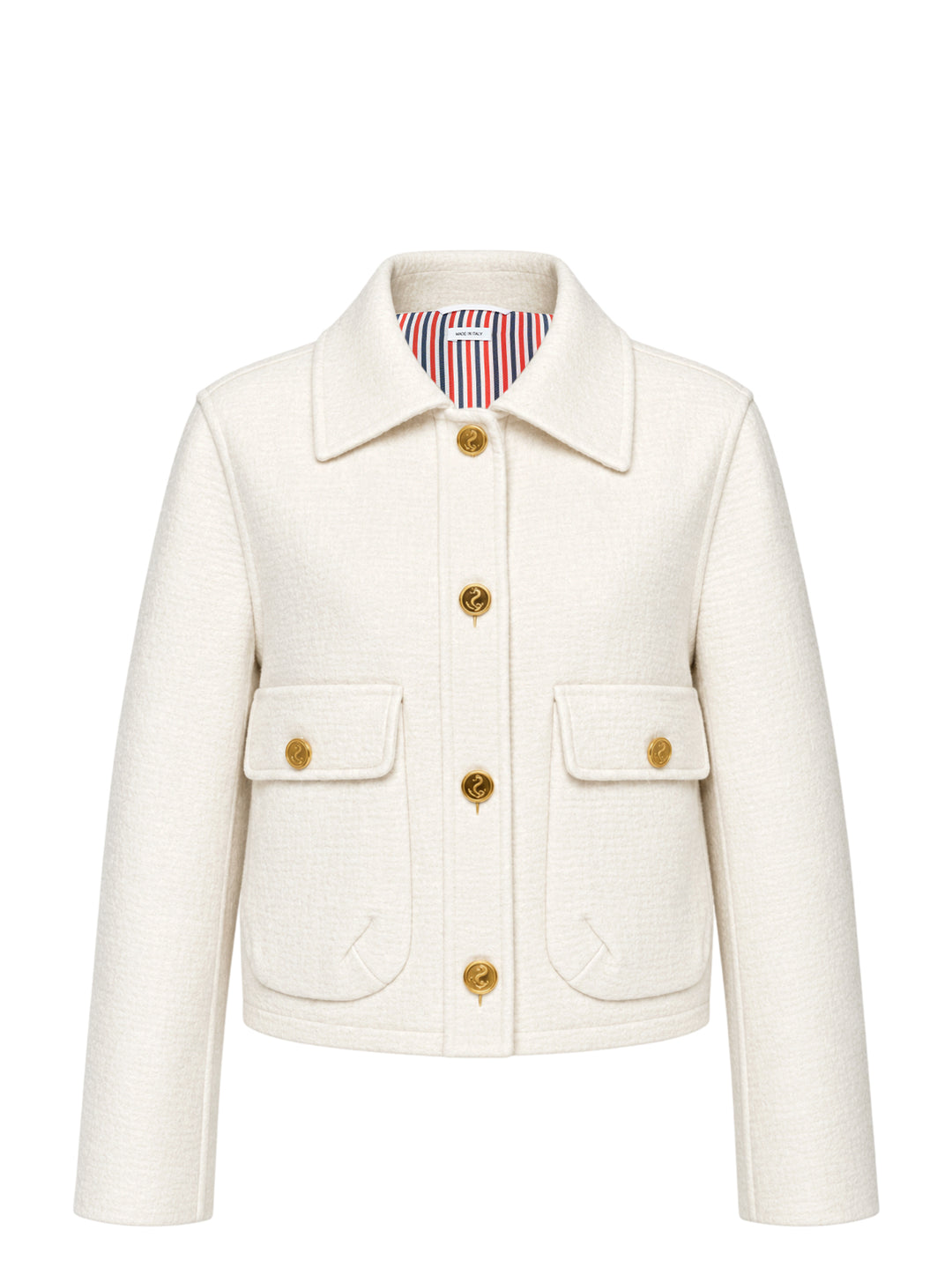 Thom Browne cream cropped blouson jacket in textured bouclé with gold-tone buttons, flap patch pockets and a red, white and blue striped lining at the collar