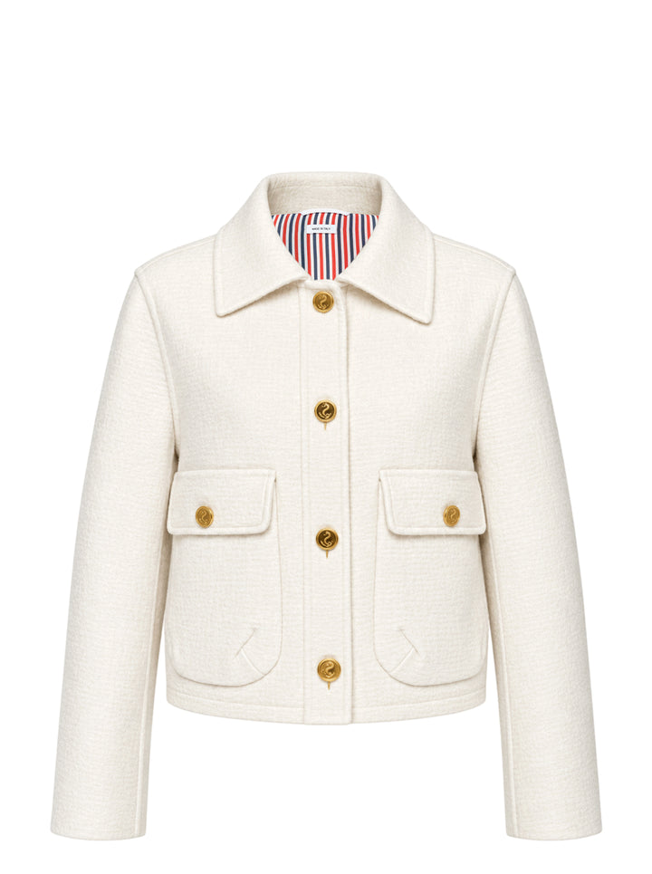 Thom Browne cream cropped blouson jacket in textured bouclé with gold-tone buttons, flap patch pockets and a red, white and blue striped lining at the collar