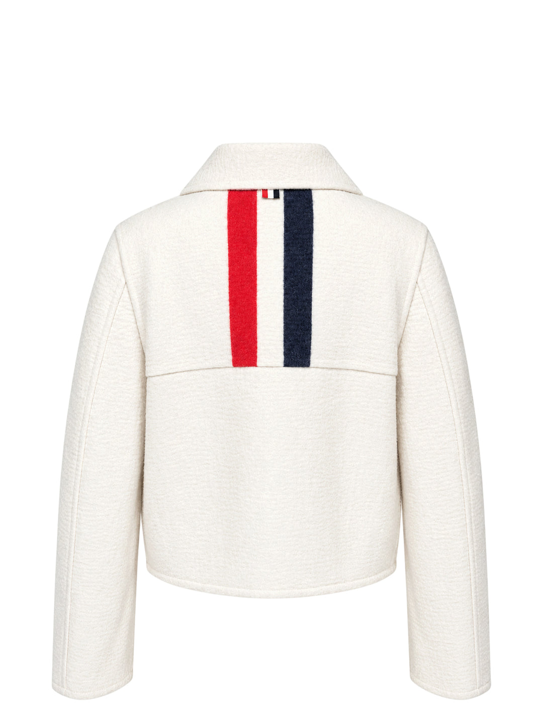Thom Browne cream cropped blouson jacket in textured bouclé with gold-tone buttons, flap patch pockets and a red, white and blue striped lining at the collar - view 2