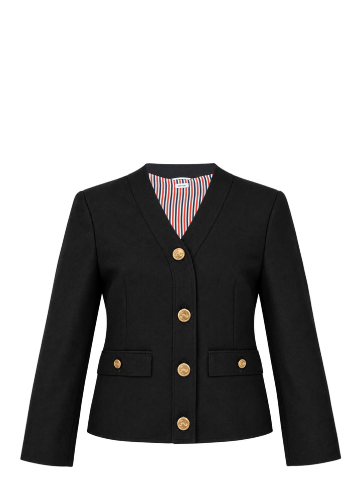 Thom Browne black V-neck cardigan jacket with gold-tone buttons, flap pockets and red, white and blue striped lining