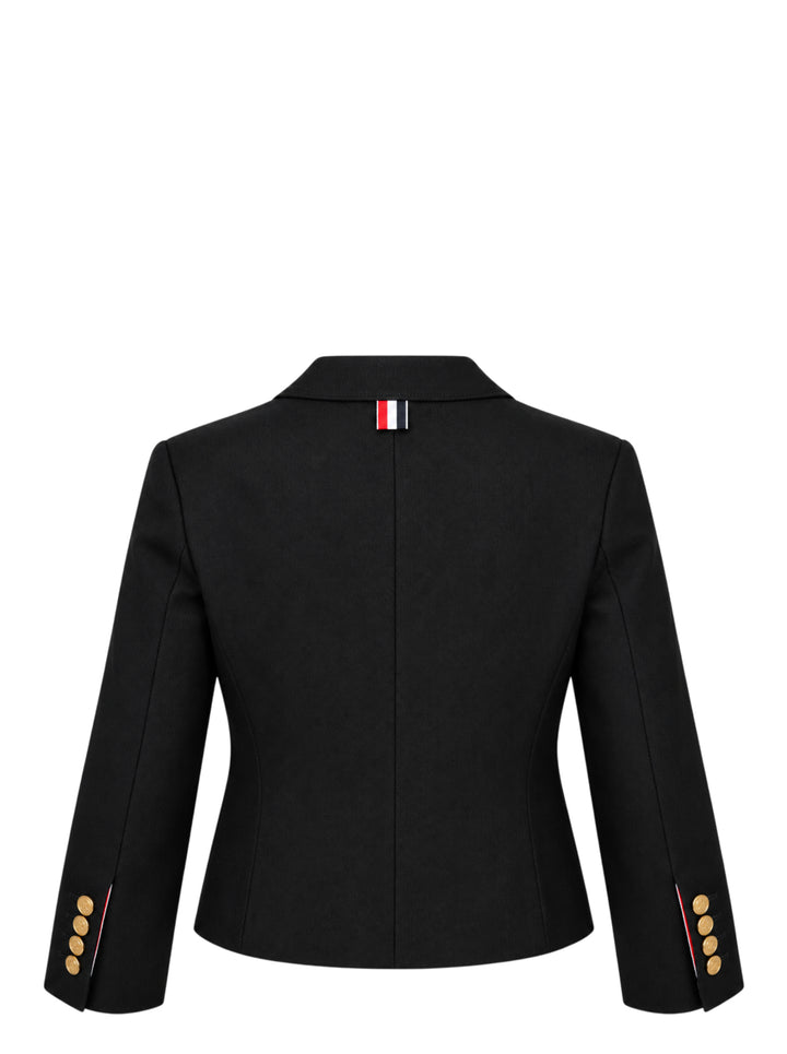 Thom Browne black V-neck cardigan jacket with gold-tone buttons, flap pockets and red, white and blue striped lining - view 2