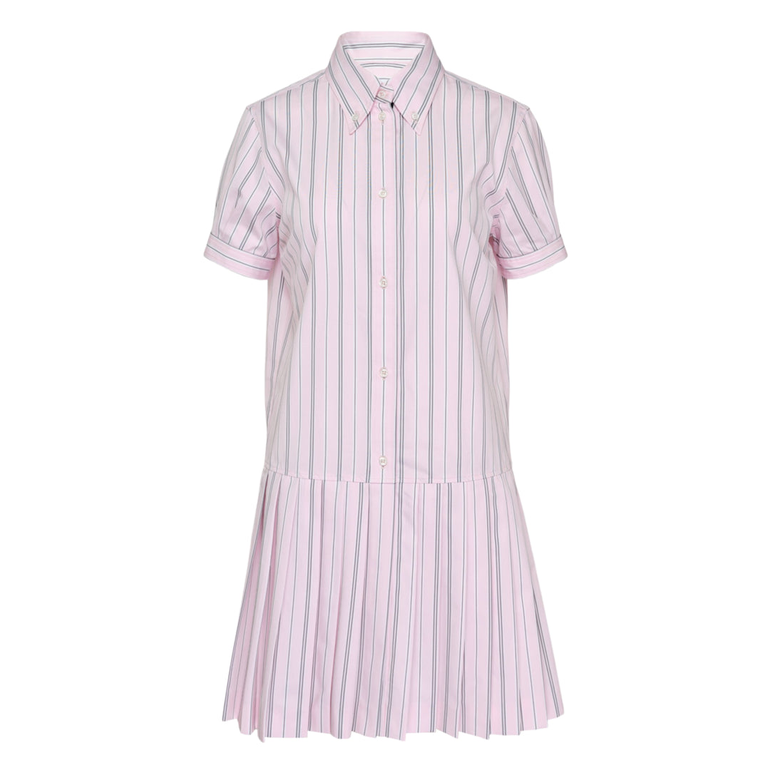 Thom Browne pleated bottom short sleeve shirt dress in pink and navy stripe with drop-waist silhouette and button-down collar, front view