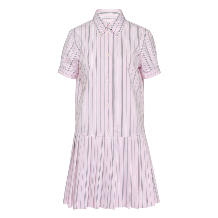 Thom Browne pleated bottom short sleeve shirt dress in pink and navy stripe with drop-waist silhouette and button-down collar, front view