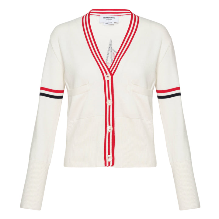 Thom Browne Sailboat Jacquard V-Neck Cardigan in navy with white contrast tipping, red, white, and blue sleeve stripe, and four-button front fastening