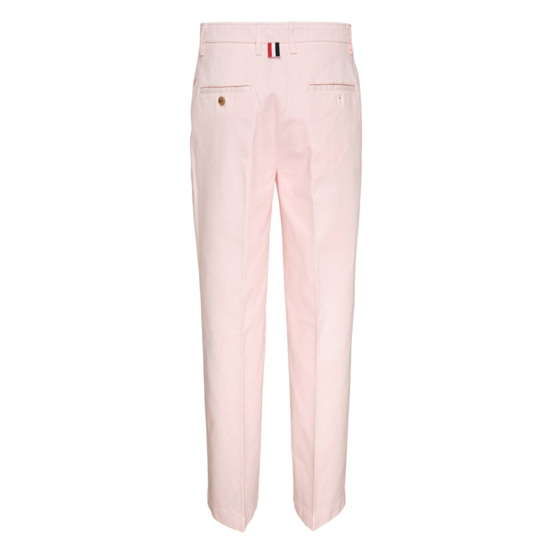 Thom Browne Beltloop Chino Pants in blush pink cotton twill, featuring a straight-leg silhouette with front creases, belt loop waistband, and cuffed hems