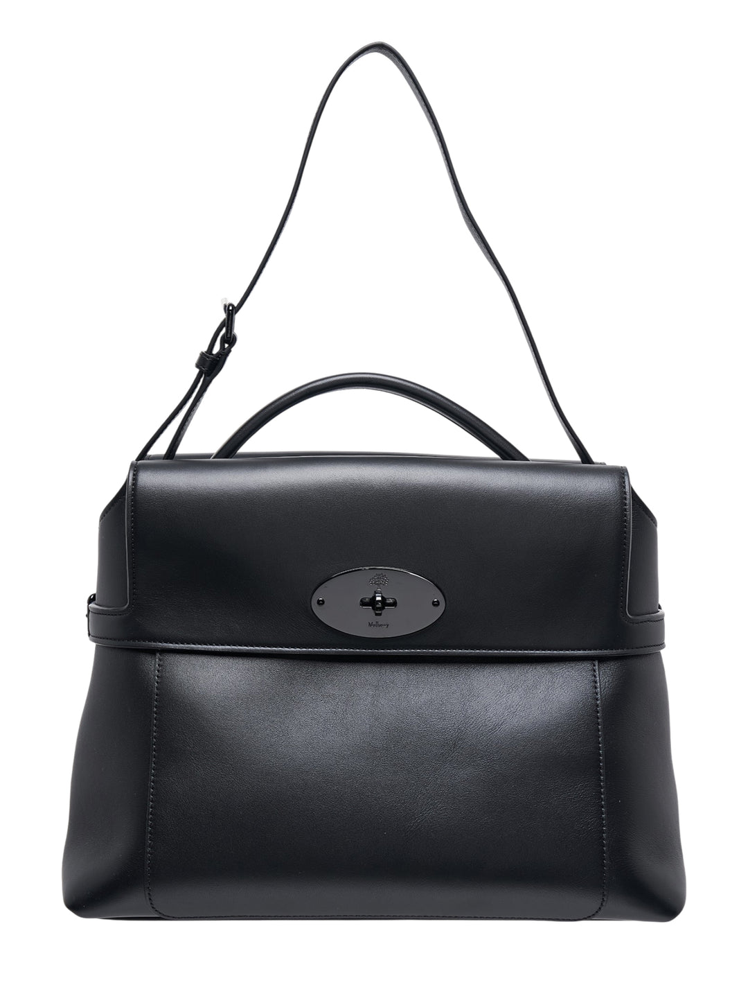 Mulberry Stevie black smooth leather top handle bag with oval twist-lock closure, rolled top handle and adjustable shoulder strap