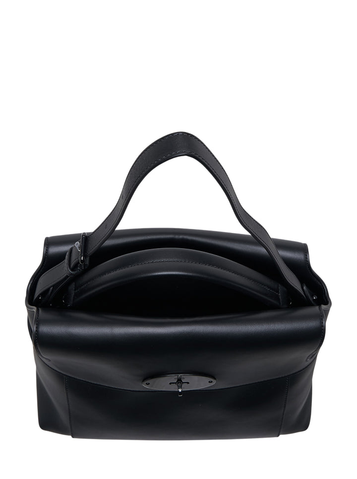 Mulberry Stevie black smooth leather top handle bag with oval twist-lock closure, rolled top handle and adjustable shoulder strap - view 3
