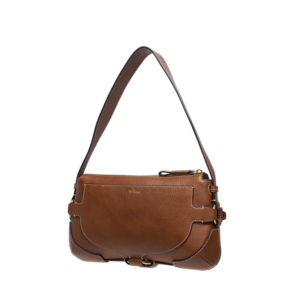 Mulberry Lennox Heritage Shoulder Bag in tan pebbled leather with double gold-tone buckle strap, contrast white stitching, and a single flat shoulder strap, shown on a white background