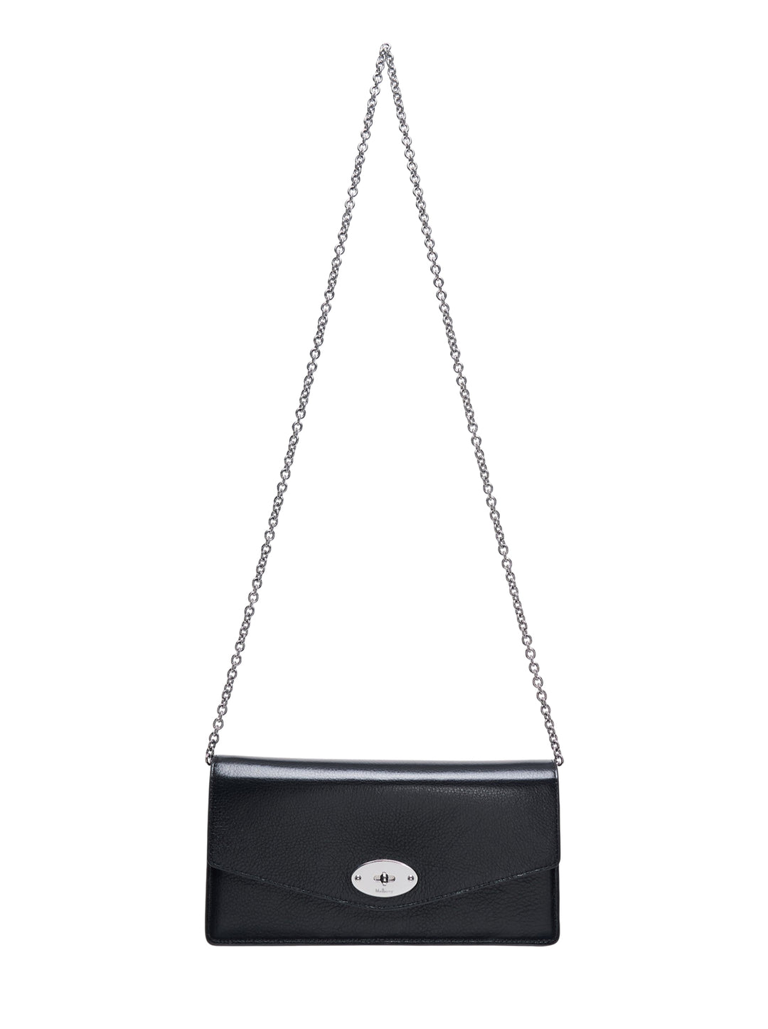 Mulberry Darley clutch in black high shine leather with silver-tone postman's lock and chain strap