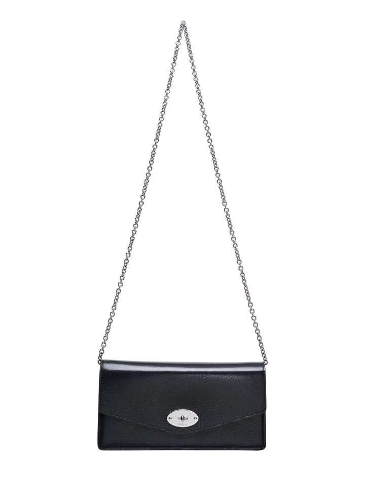 Mulberry Darley clutch in black high shine leather with silver-tone postman's lock and chain strap