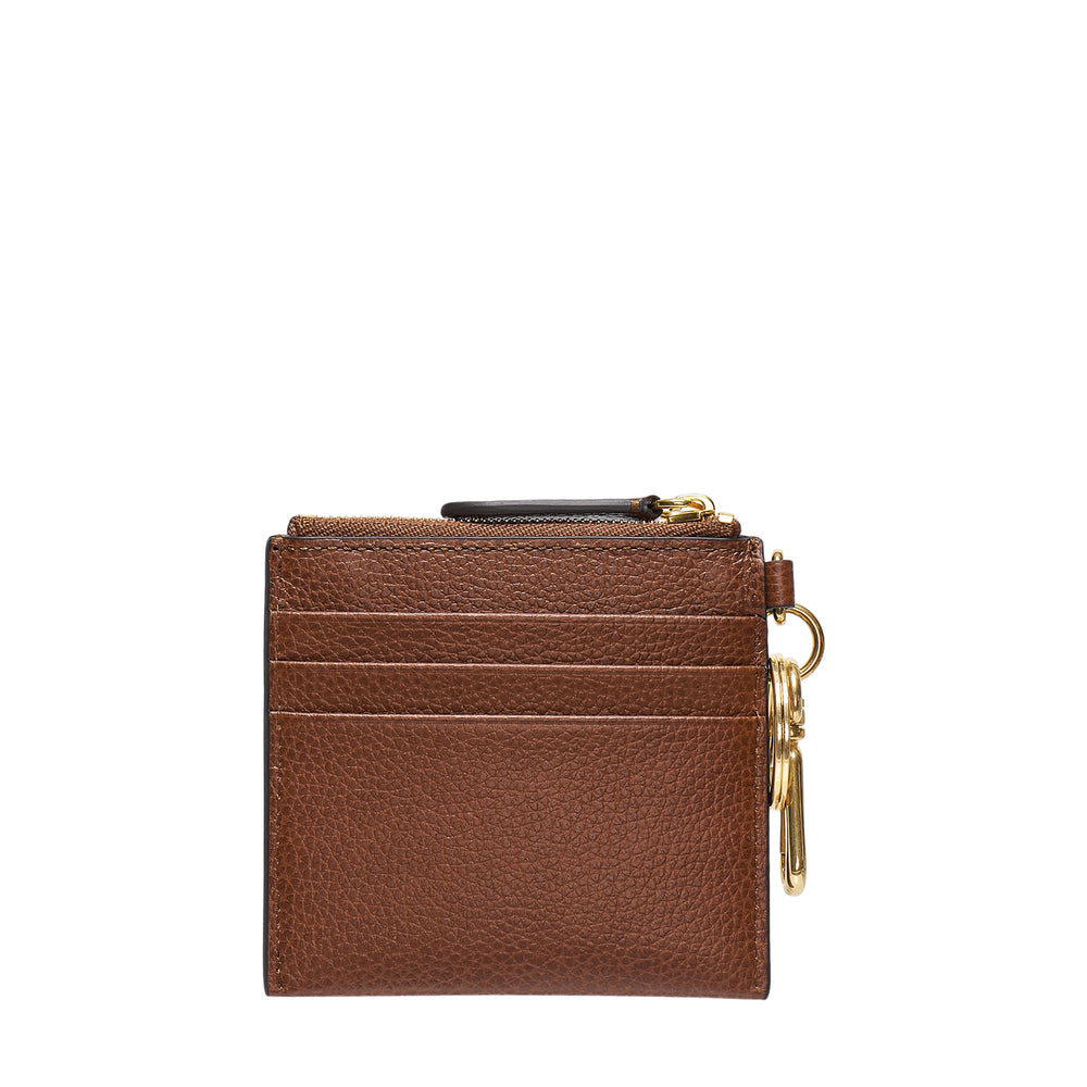 Mulberry Clip Zipped Credit Card Pouch in tan pebbled leather with gold-tone zip and swivel carabiner key clip