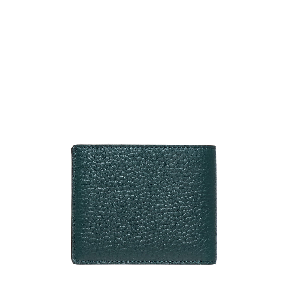 Mulberry 8 Card Bifold Wallet in dark teal pebbled leather with silver logo lettering, front view
