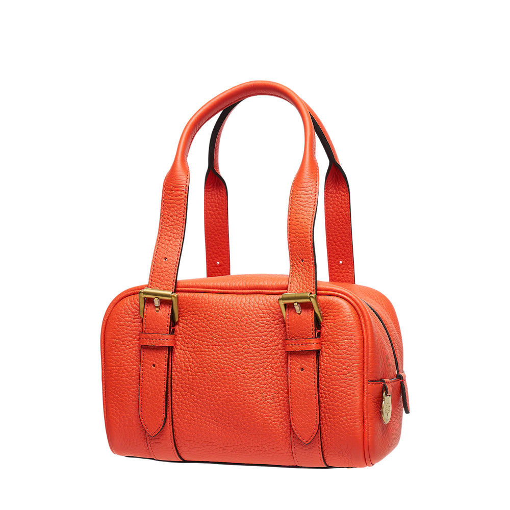Mulberry Small Boston bag in orange-red Heavy Grain pebbled leather with dual rolled top handles and antique brass buckle strap details