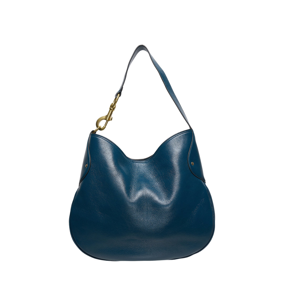 Mulberry Hackney High Shine large shoulder bag in teal grained leather with a crescent silhouette and antique brass swivel-clip strap hardware, photographed against a white background