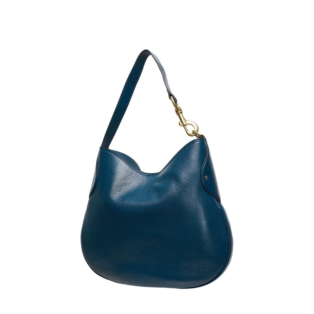 Mulberry Hackney High Shine large shoulder bag in teal grained leather with a crescent silhouette and antique brass swivel-clip strap hardware, photographed against a white background