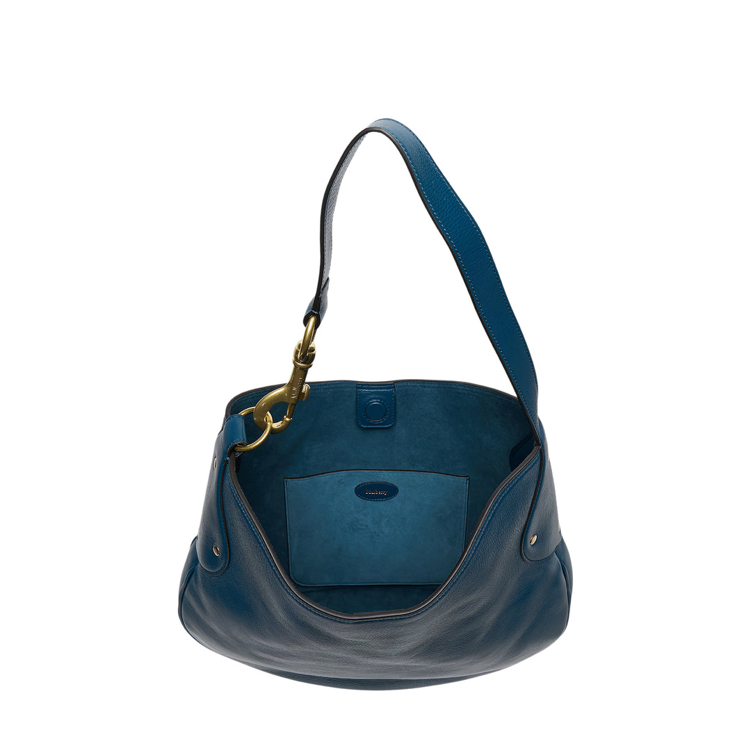 Mulberry Hackney High Shine large shoulder bag in teal grained leather with a crescent silhouette and antique brass swivel-clip strap hardware, photographed against a white background