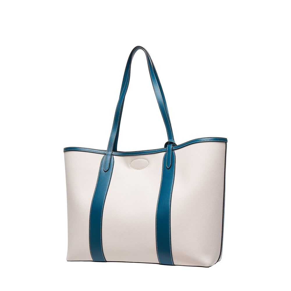 Mulberry Bayswater Canvas Tote in off-white canvas with teal leather trim, contrast stitching, twin teal shoulder straps, and gold postman's lock closure, photographed on a white background