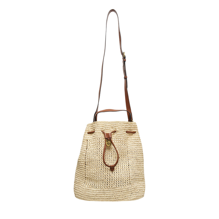 Mulberry crochet raffia bucket bag with tan leather drawstring closure, postman's lock charm, and adjustable crossbody strap on a white background