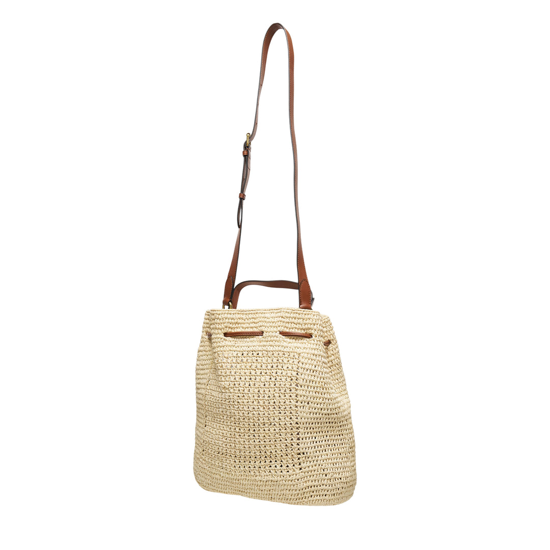 Mulberry crochet raffia bucket bag with tan leather drawstring closure, postman's lock charm, and adjustable crossbody strap on a white background