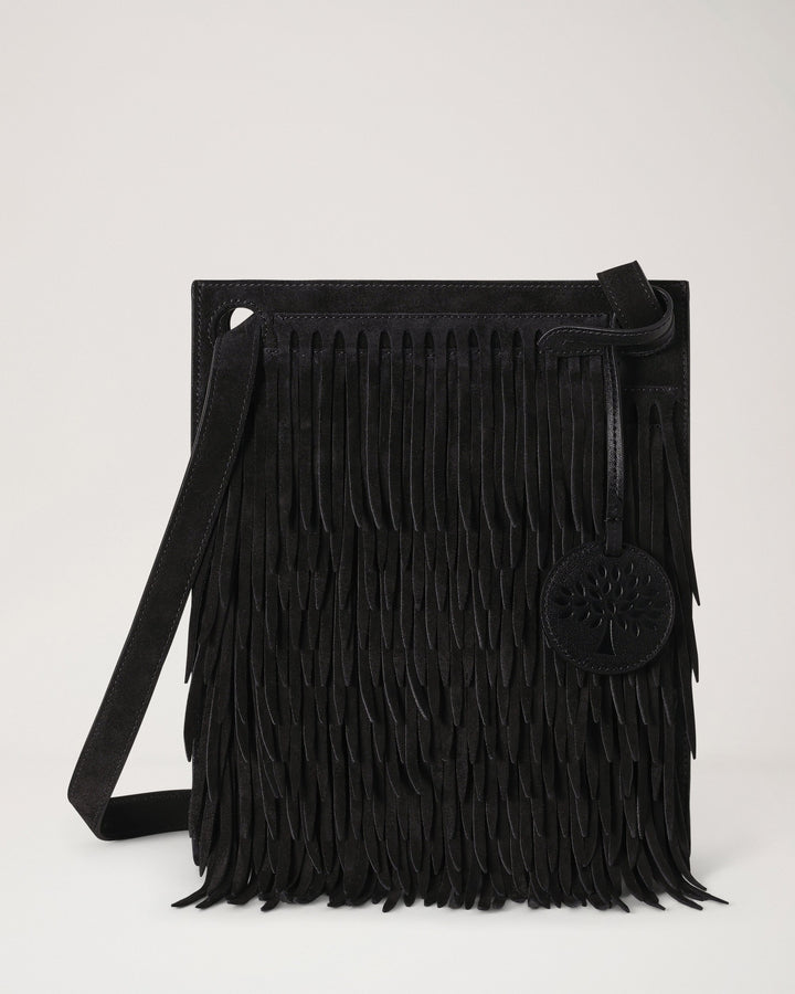 Mulberry Mini Soft Tote in black suede with layered fringing, adjustable shoulder strap and a Tree charm