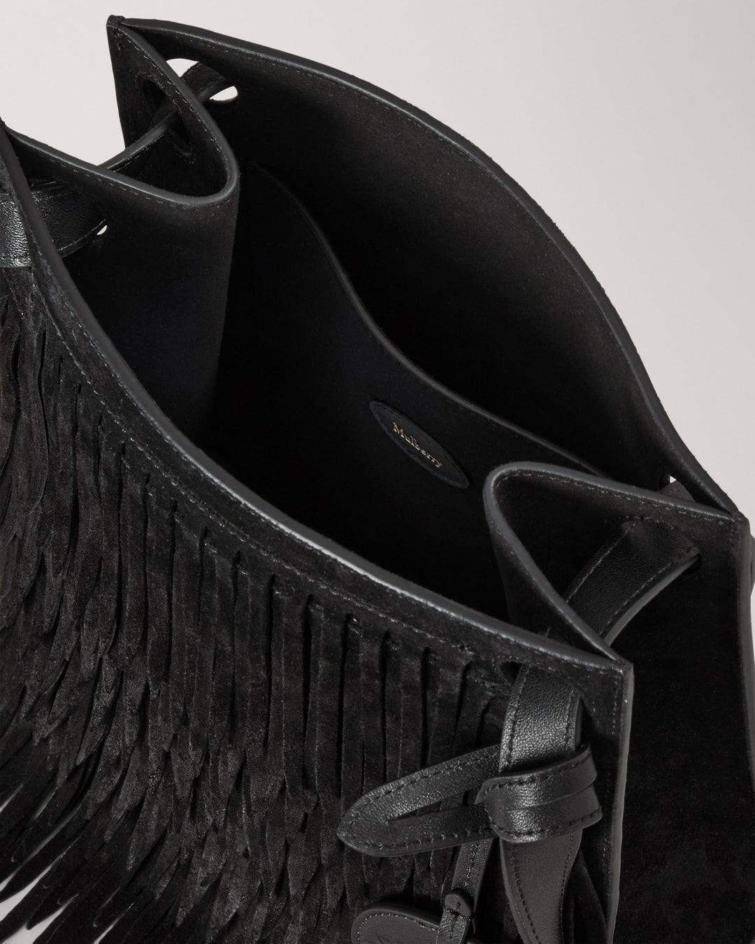 Mulberry Mini Soft Tote in black suede with layered fringing, adjustable shoulder strap and a Tree charm - view 5