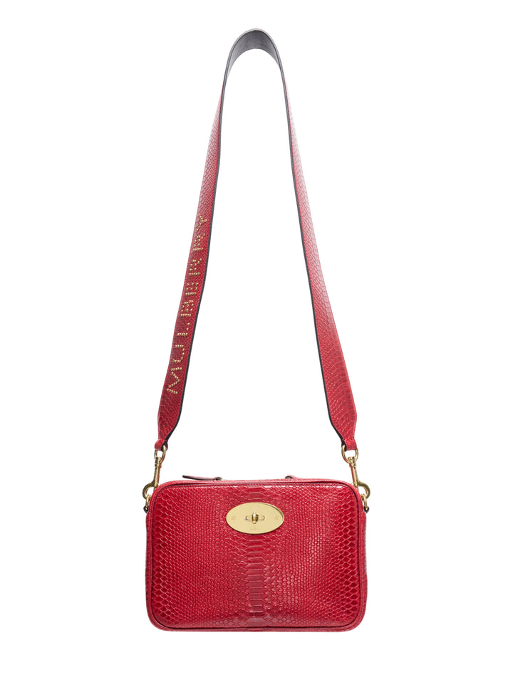 Mulberry Darley Camera Bag in red snake-embossed leather with gold Postman's Lock closure and adjustable crossbody strap with gold stud branding