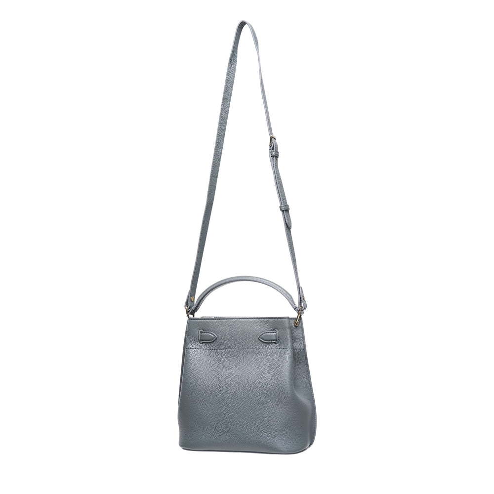 Mulberry Islington Medium Bucket Bag in slate blue pebbled leather with gold-tone twist-lock closure, flat top handle, and long adjustable crossbody strap, photographed against a white background - view 2