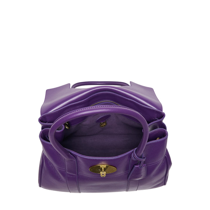 Mulberry Heritage Bayswater handbag in high-shine violet grained leather with twin rolled handles and gold postman's lock closure