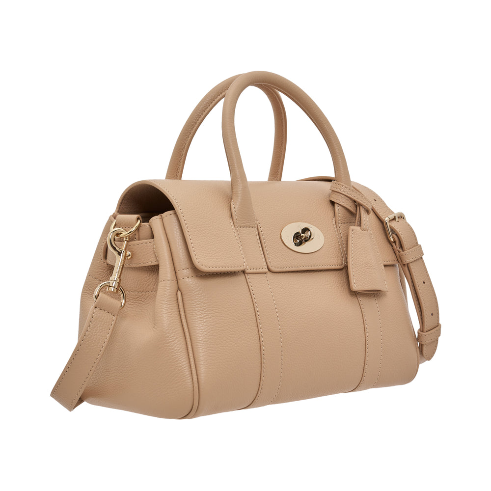 Mulberry Small Bayswater Satchel in camel pebbled leather with gold-tone postman's lock closure, dual rolled top handles, and a detachable adjustable crossbody strap
