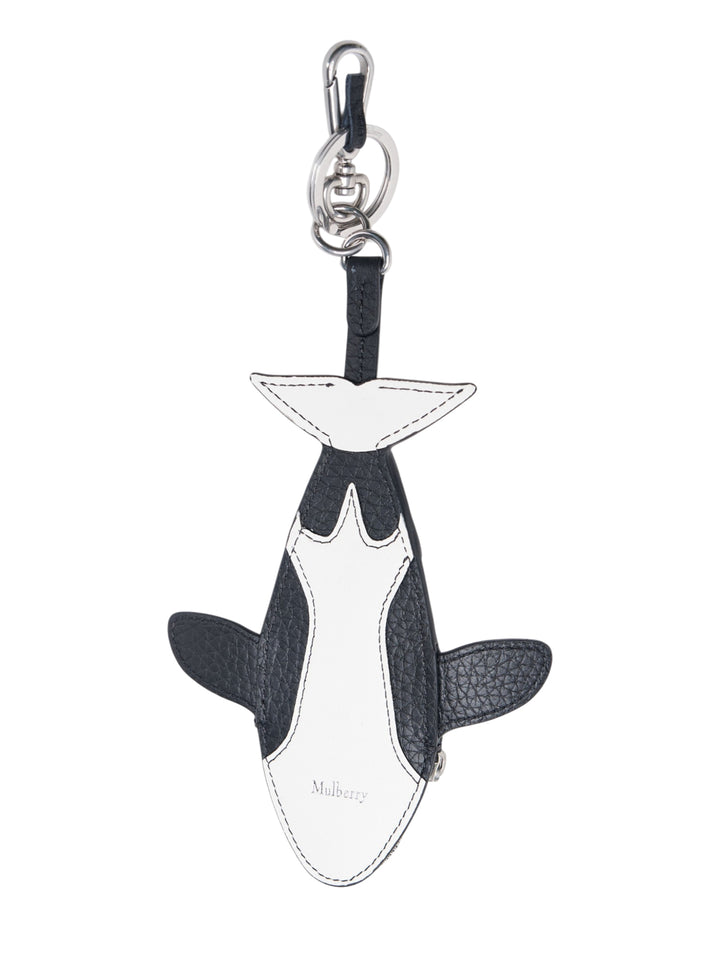 Mulberry Orca Zipped Case Keyring in black and white pebbled leather, shown hanging from a silver-tone swivel clip, with sculpted fins and a zip-fastened interior pouch - view 2