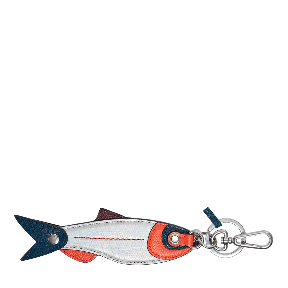 Mulberry multicolour leather fish keyring charm with silver-tone swivel clip, featuring iridescent metallic body, pebbled navy and orange leather panels, and red contrast stitching