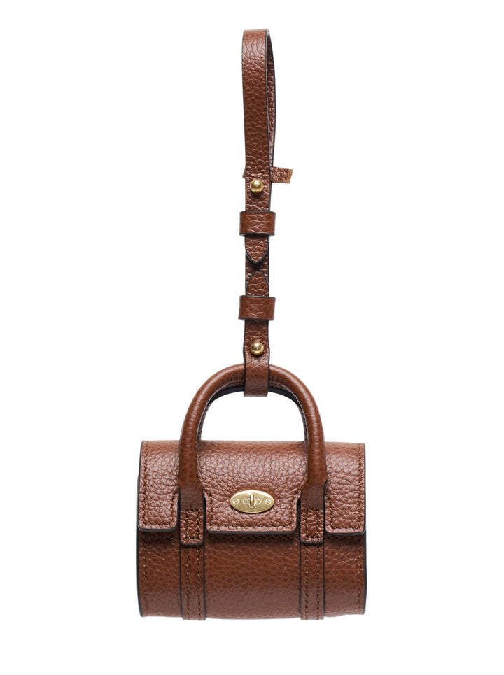 Mulberry Mini Bayswater Bag Charm in tan pebbled leather with a miniature postman's lock clasp in gold-tone brass and an adjustable leather attachment strap