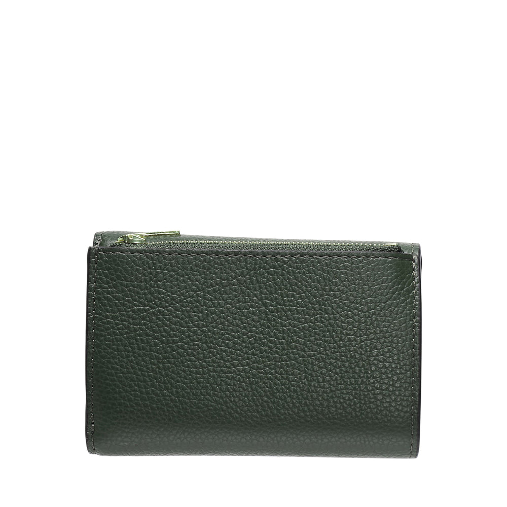 Mulberry Folded Multi-Card Wallet in forest green pebbled heavy grain leather with gold-tone postman's lock closure and embossed Mulberry branding, front view