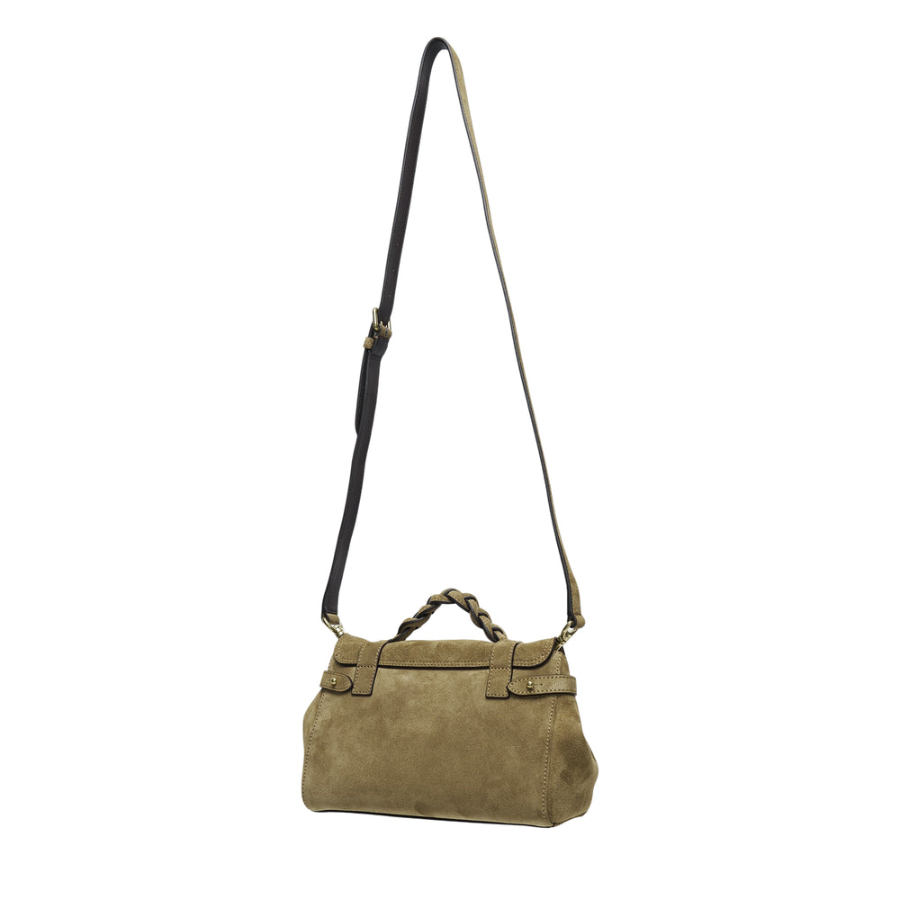Mulberry Mini Alexa suede satchel in khaki tan with braided top handle, oval postman's lock, twin buckle straps, and a long adjustable crossbody strap, photographed on a white background