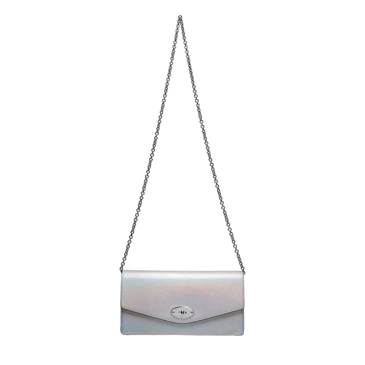 Mulberry Darley Clutch in iridescent metallic lizard-embossed leather with silver-tone chain strap and oval postman's lock closure, shown on white background
