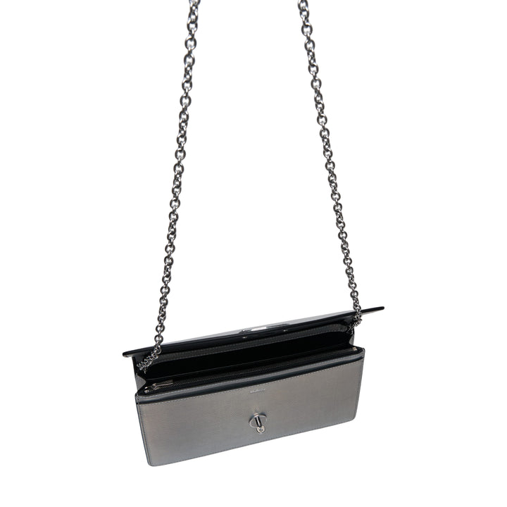 Mulberry Darley Clutch in iridescent metallic lizard-embossed leather with silver-tone chain strap and oval postman's lock closure, shown on white background