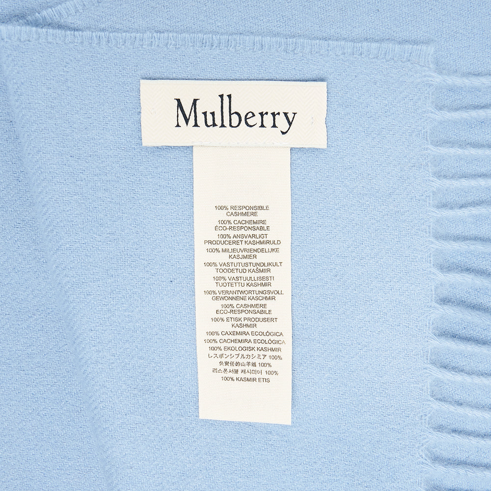 Mulberry navy cashmere scarf laid flat, 30 x 195cm, with fringe trim at both ends and tonal embroidered logo